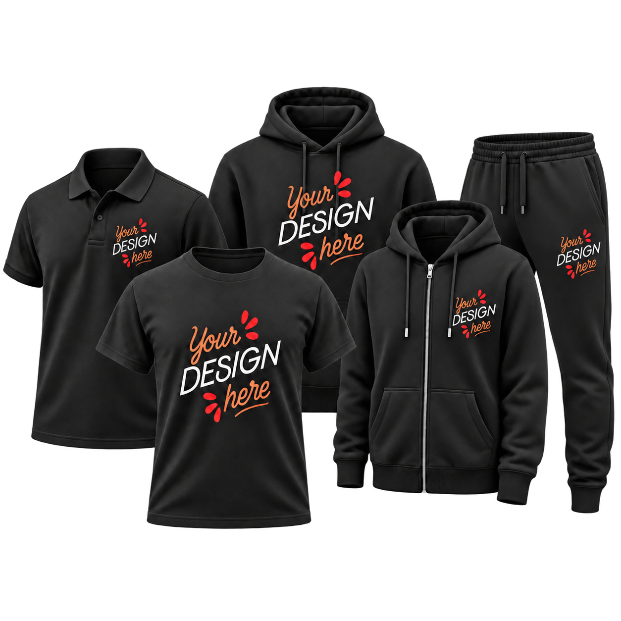Custom printed polo, T-shirt, hoodies and trousers