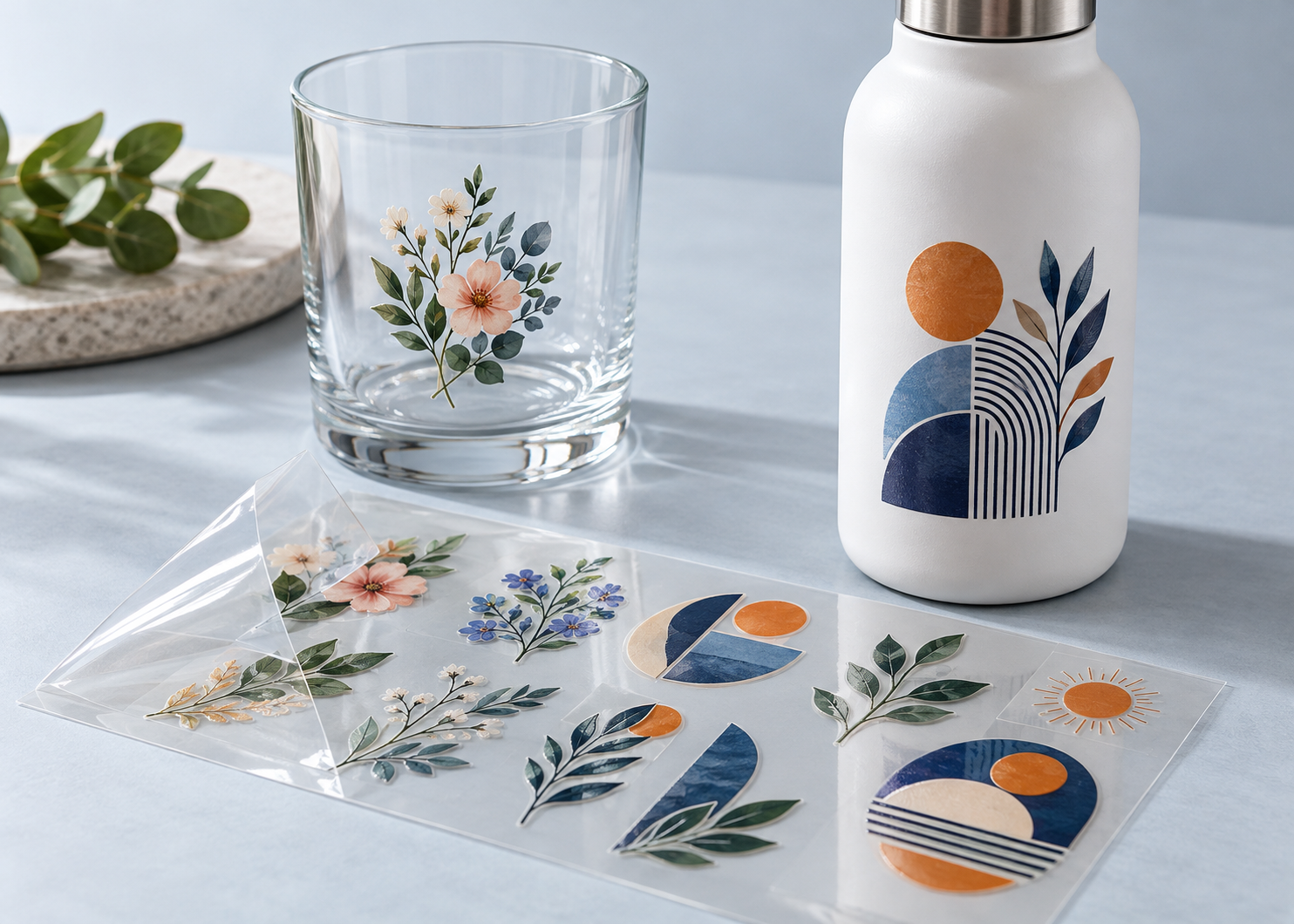 UV DTF transfers beside a printed glass and water bottle