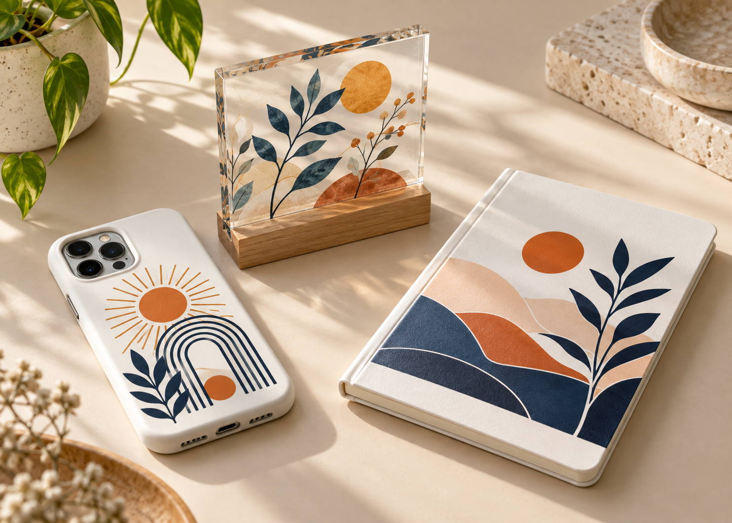 Custom UV printing on an acrylic display, phone case and notebook